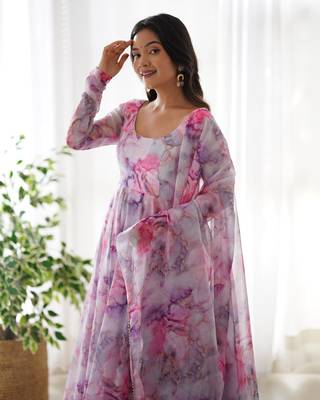 Soft Organza Silk Fabric Fully Flair Kali Pattern With Canvas Patta Attached Padded And Zipper Gown Dupatta And Pent 5