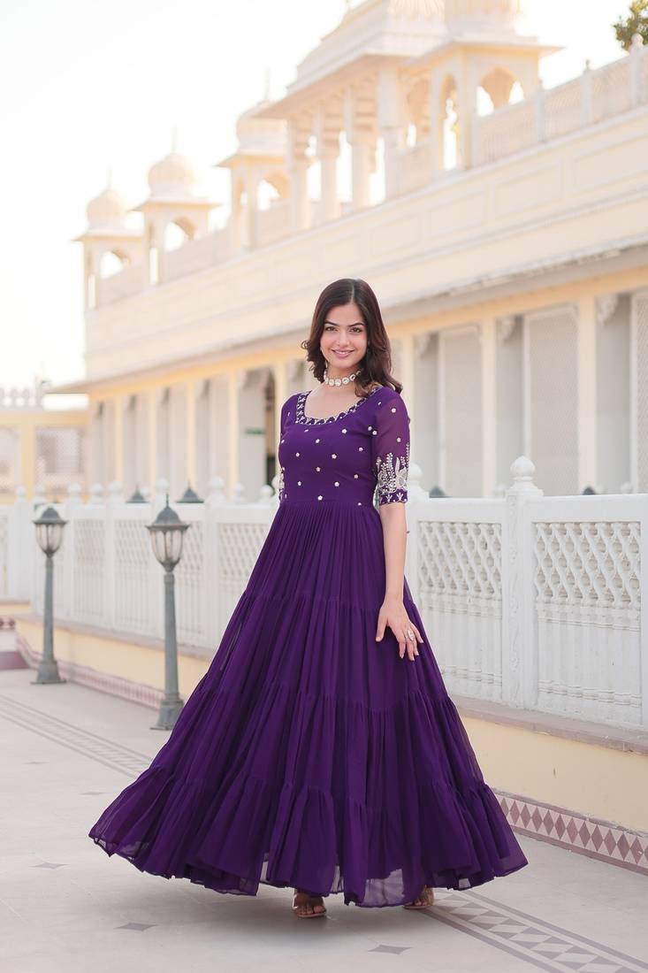 PURPLE COLOR ELEGANT DESIGNER TRENDING  GEORGETTE GOWN  COLLECTION WITH EMBROIDER AND SEQUENCE WORK