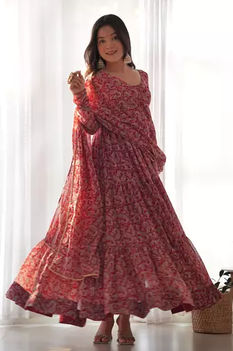 Soft Fox Georgette Kalamkari Print Fabric Fully Flair Anarkali Kurti With Dupatta And Pent