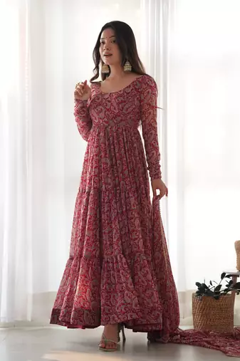 Soft Fox Georgette Kalamkari Print Fabric Fully Flair Anarkali Kurti With Dupatta And Pent
