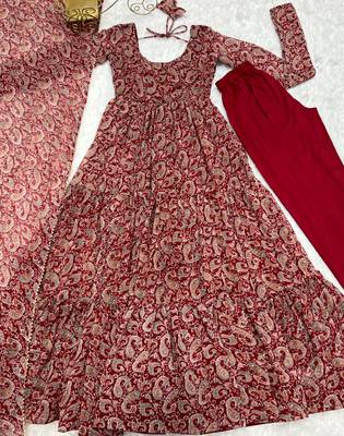 Soft Fox Georgette Kalamkari Print Fabric Fully Flair Anarkali Kurti With Dupatta And Pent 8