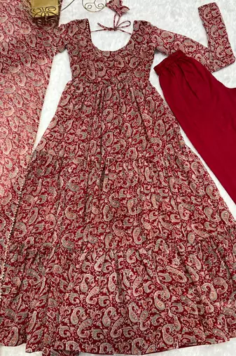 Soft Fox Georgette Kalamkari Print Fabric Fully Flair Anarkali Kurti With Dupatta And Pent