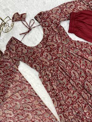 Soft Fox Georgette Kalamkari Print Fabric Fully Flair Anarkali Kurti With Dupatta And Pent 9