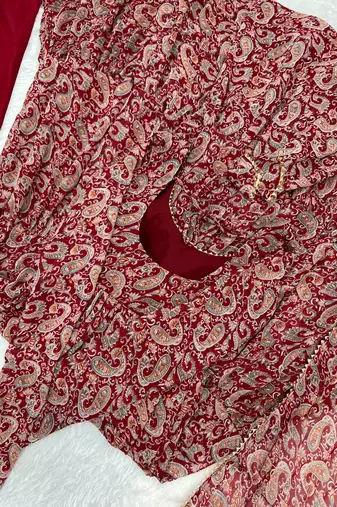 Soft Fox Georgette Kalamkari Print Fabric Fully Flair Anarkali Kurti With Dupatta And Pent