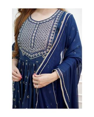 navy blue rayon fabric nayra cut kurti with pant duppatta set 1