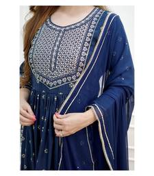 navy blue rayon fabric nayra cut kurti with pant duppatta set