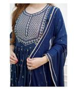 navy blue rayon fabric nayra cut kurti with pant duppatta set