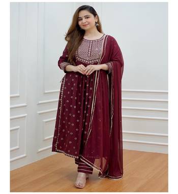 Maroon rayon fabric nayra cut kurti with pant duppatta set 2