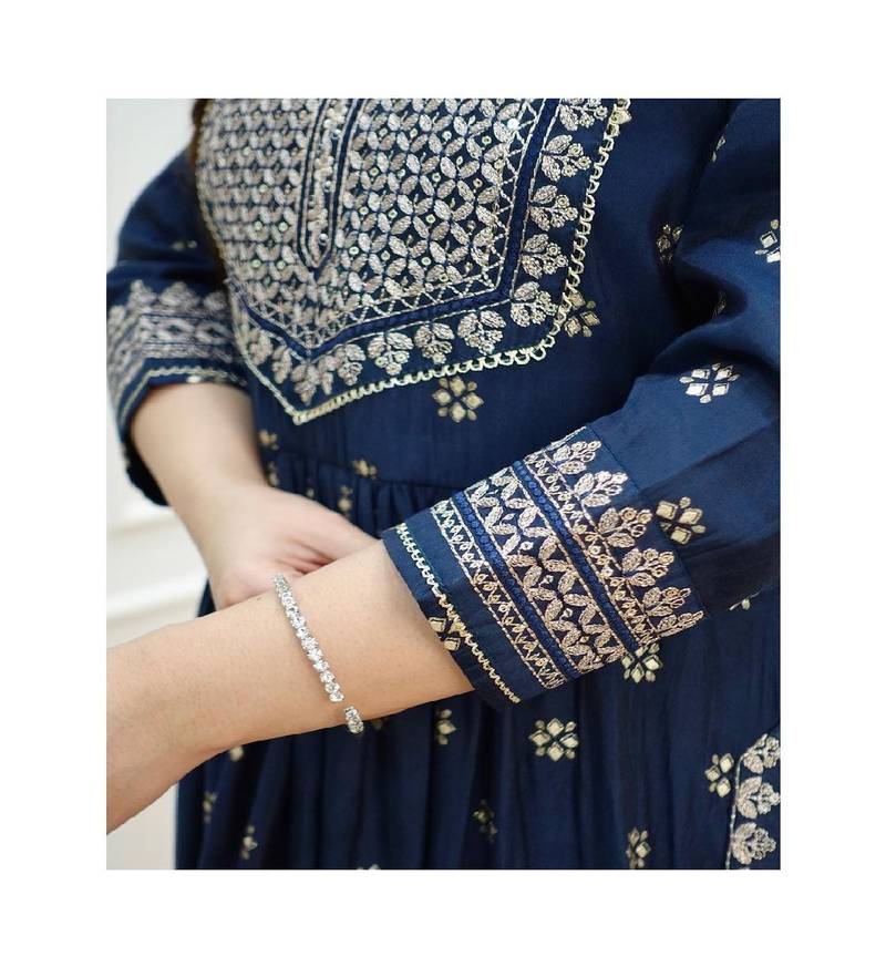 navy blue rayon fabric nayra cut kurti with pant duppatta set