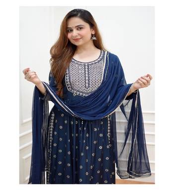 navy blue rayon fabric nayra cut kurti with pant duppatta set 4