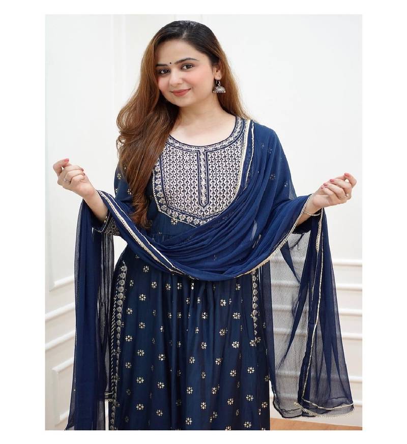 navy blue rayon fabric nayra cut kurti with pant duppatta set