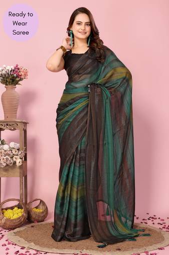 Rama Green Printed Poly Silk Ready To Wear Saree With Blouse