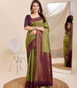 Rama Green Printed Banarasi silk blend Saree With Blouse