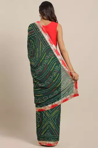 Hand Dyed Green Bandhani Georgette Sustainable Saree