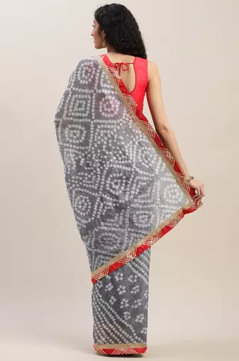 Hand Dyed Grey Bandhani Silk Saree