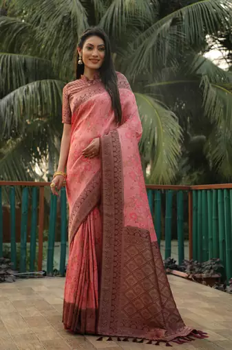 Women Pink Silk Kanjivaram Printed Woven Saree Zari Border Rich Pallu Saree With Blouse For Women