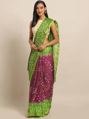 Hand Dyed Green & Purple Bandhani Silk Sustainable Saree 1