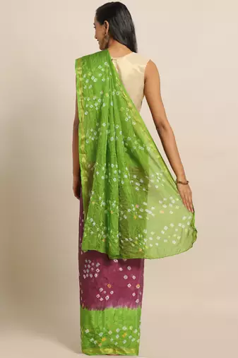 Hand Dyed Green & Purple Bandhani Silk Sustainable Saree