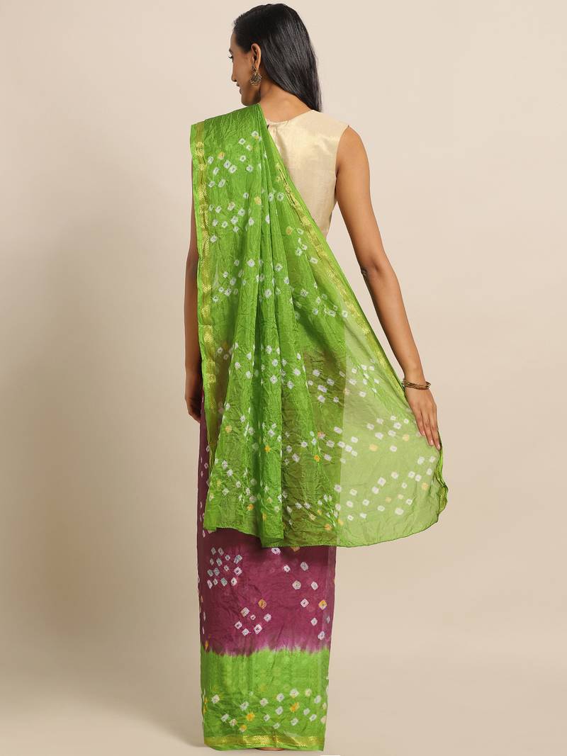 Hand Dyed Green & Purple Bandhani Silk Sustainable Saree