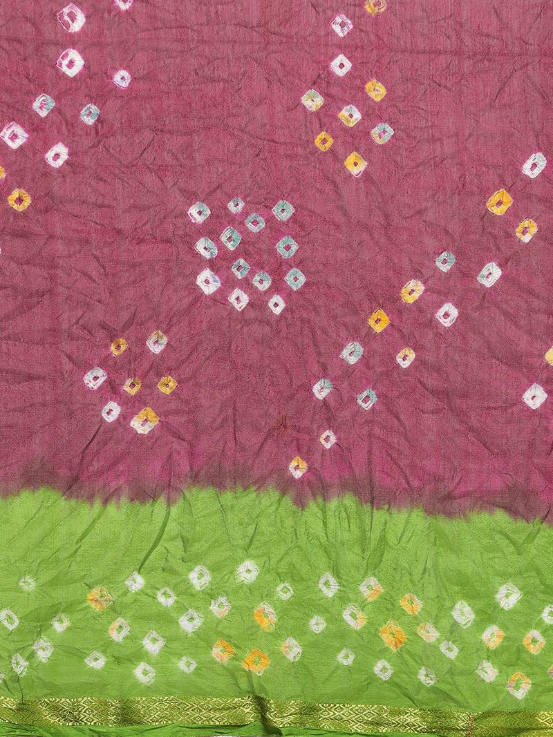 Hand Dyed Green & Purple Bandhani Silk Sustainable Saree