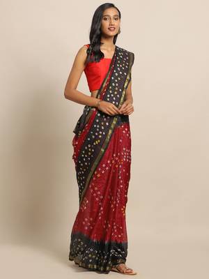 Hand Dyed Red & Black Bandhani Silk Sustainable Saree 1