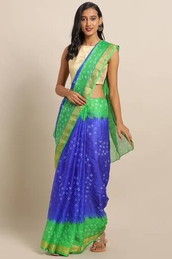 Hand Dyed Green & Blue Bandhani Silk Sustainable Saree