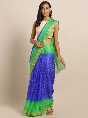 Hand Dyed Green & Blue Bandhani Silk Sustainable Saree 1