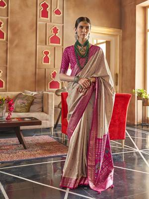 Elora Soft Silk Printed Patola Saree For Women (Beige) 1