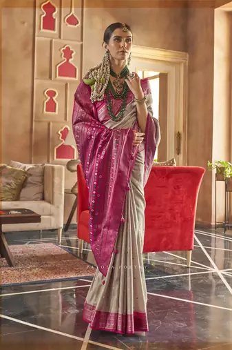 Elora Soft Silk Printed Patola Saree For Women (Beige)