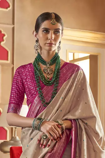 Elora Soft Silk Printed Patola Saree For Women (Beige)