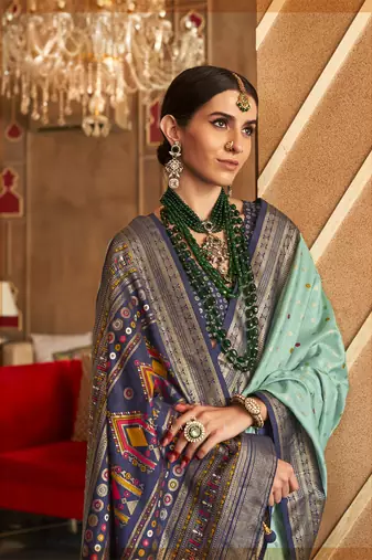 Elora Soft Silk Printed Patola Saree For Women (Seafoam Green)
