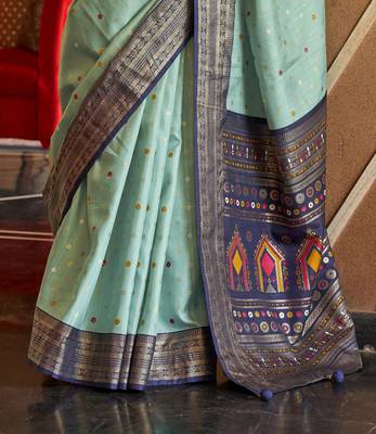 Elora Soft Silk Printed Patola Saree For Women (Seafoam Green) 4