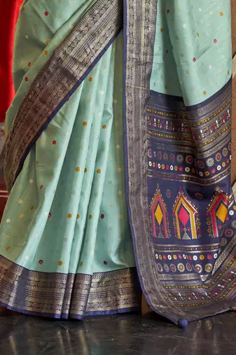 Elora Soft Silk Printed Patola Saree For Women (Seafoam Green)