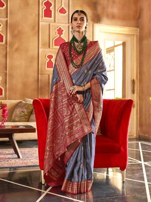 Elora Soft Silk Printed Patola Saree For Women (Grey) 1