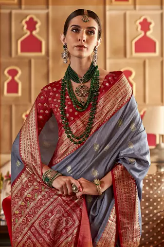 Elora Soft Silk Printed Patola Saree For Women (Grey)
