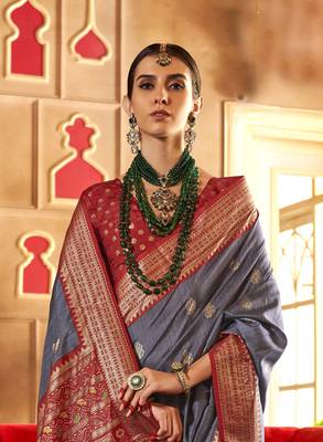Elora Soft Silk Printed Patola Saree For Women (Grey) 3