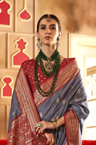 Elora Soft Silk Printed Patola Saree For Women (Grey)