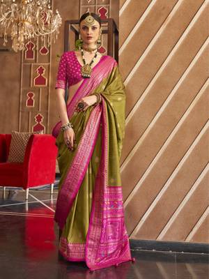 Elora Soft Silk Printed Patola Saree For Women (Olive Green) 1