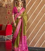Elora Soft Silk Printed Patola Saree For Women (Olive Green)
