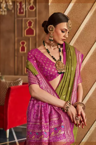 Elora Soft Silk Printed Patola Saree For Women (Olive Green)