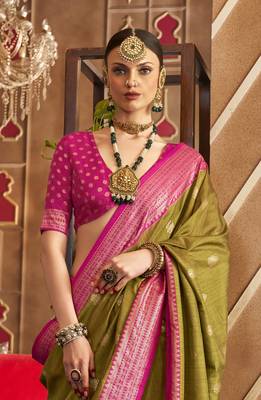 Elora Soft Silk Printed Patola Saree For Women (Olive Green) 3