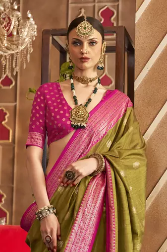 Elora Soft Silk Printed Patola Saree For Women (Olive Green)