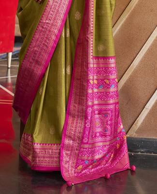 Elora Soft Silk Printed Patola Saree For Women (Olive Green) 4
