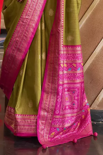 Elora Soft Silk Printed Patola Saree For Women (Olive Green)