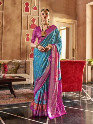 Elora Soft Silk Printed Patola Saree For Women (Sky Blue) 1