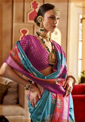 Elora Soft Silk Printed Patola Saree For Women (Sky Blue) 2