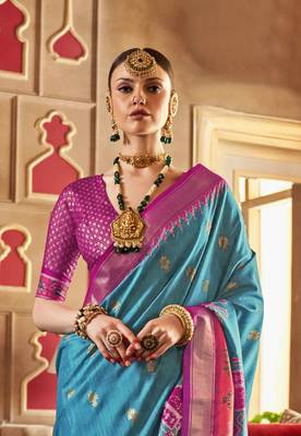 Elora Soft Silk Printed Patola Saree For Women (Sky Blue) 3