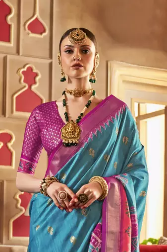 Elora Soft Silk Printed Patola Saree For Women (Sky Blue)