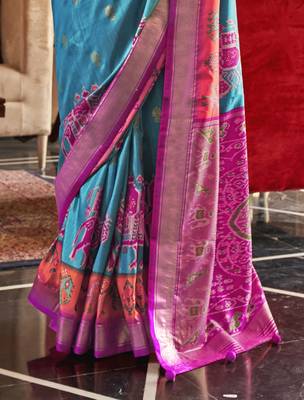 Elora Soft Silk Printed Patola Saree For Women (Sky Blue) 4