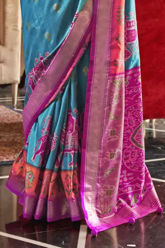 Elora Soft Silk Printed Patola Saree For Women (Sky Blue)